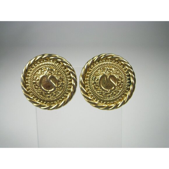 Vintage 1990s St John Logo Gold Tone Clip On Earrings Braided Rim Round 1 in - Picture 14 of 15